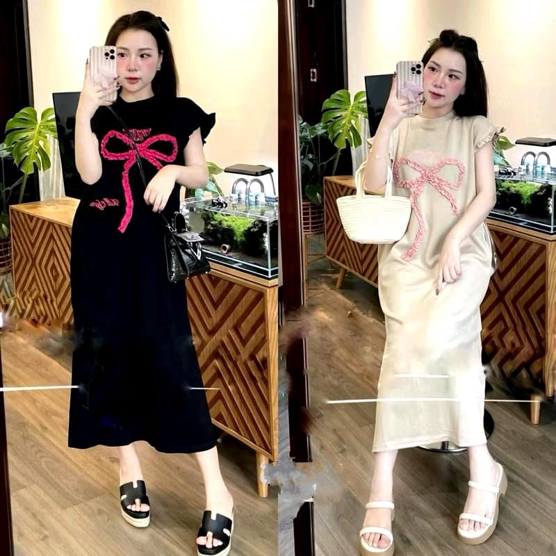 Váy YT63, Đầm Suông Gắn Nơ Nhún Tay Cánh Tiên Cách Điệu Chất Cotton Mát From Rộng 0
