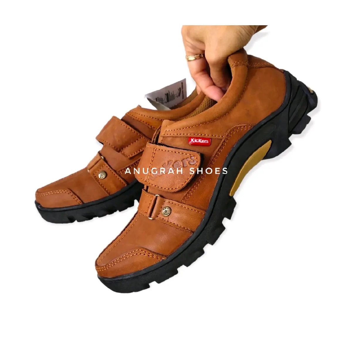 Sepatu pria kerja bahan kulit sapi model kretekan warna tan Shoes Round Toe Hak Datar Karet Flat