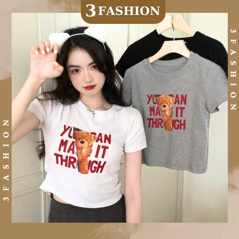 Áo croptop babe tee 3Fashion cổ tròn tay ngắn in hình gấu phong cách dễ thương chất vải thun co giãn thoáng mát - A55 Nữ Women