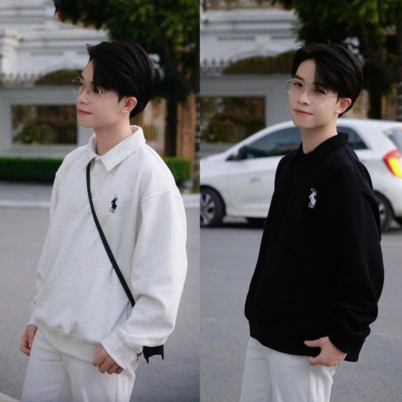 Áo polo sweater nỉ, áo cổ bẻ nam nữ dài tay thêu hình ngựa chất vải nỉ bông dày dặn vải dày mặc ấm, có cổ