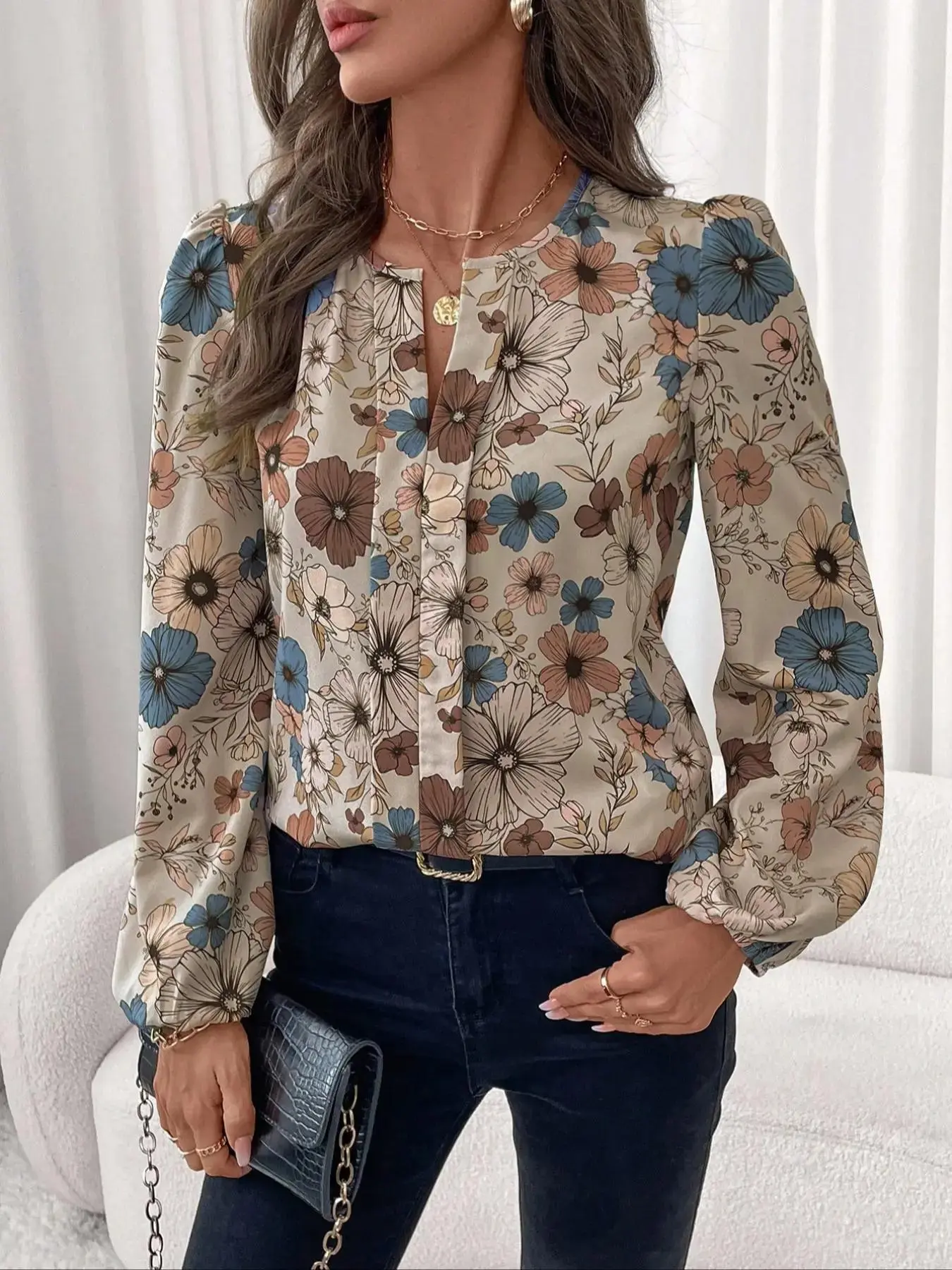 Women's Floral Print Blouse, Elegant Notched Neck Long Sleeve Top for Work Office Business, Ladies Clothes for All Seasons