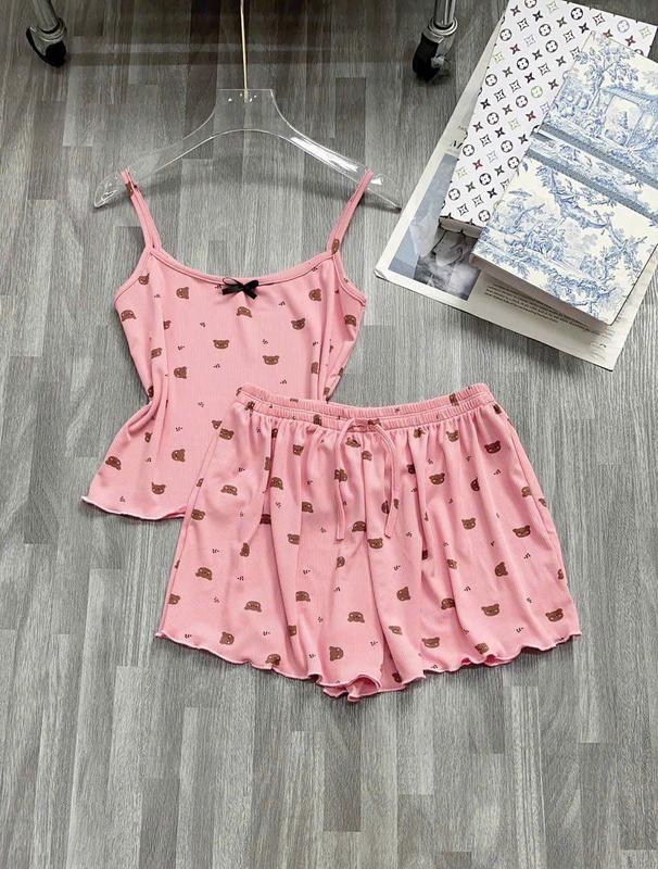 Đồ Ngủ Nữ Hai Dây Vải Thun Gân In Họa Tiết Dễ Thương, Đồ Ngủ Mặc Ở Nhà, Váy Hai Dây Nữ, Sleepwear bộ sleep wear