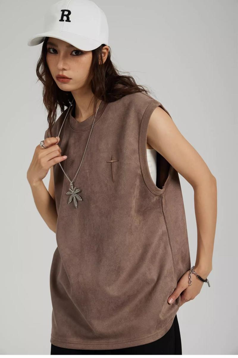 Product Introduction of American Style Sleeveless Vest for Men Summer Suede Embroidered Tank Top Trendy Loose Sports Shirt 12