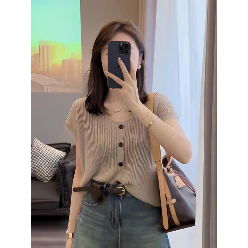 Áo Thun, ngắn Tay, Cổ Chữ V, Chất Liệu Lụa Lạnh Đồ Len, Dành Cho Nữ, Bộ Sưu Tập Mùa Hè Mới 2024, Mỏng Và Thoáng Khí, Dáng Rộng Vừa Vặn, Dễ Phối Đồ, Áo Dệt Kim 6
