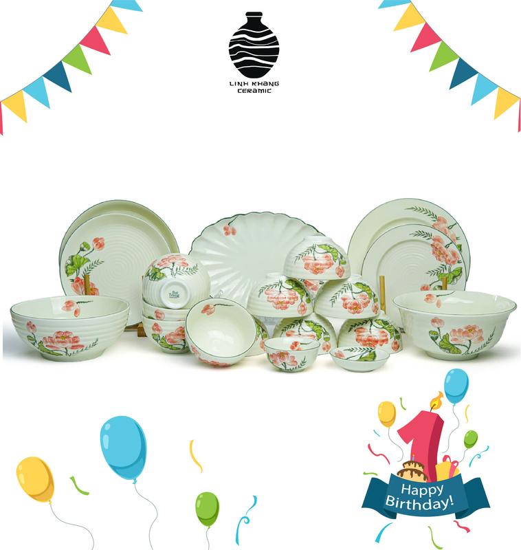 Bộ Bát Đĩa Men Kem Họa Tiết Lá Sen Hồng Vẽ Tay - Gốm Sứ Bát Tràng Linh Khang