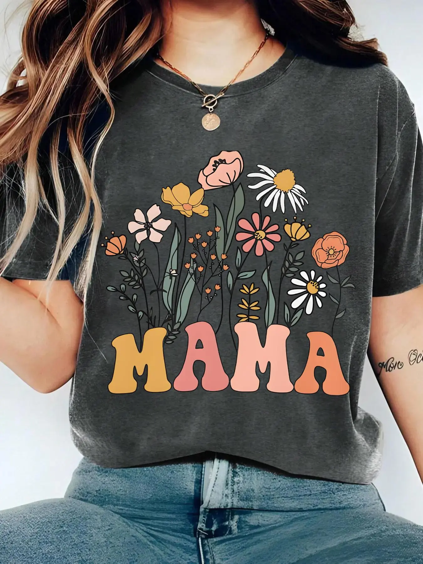 Women's Floral & Letter Print Round Neck Tee, Vintage Trendy Casual Short Sleeve T-shirt for Daily Wear, Ladies Spring & Fall Clothes