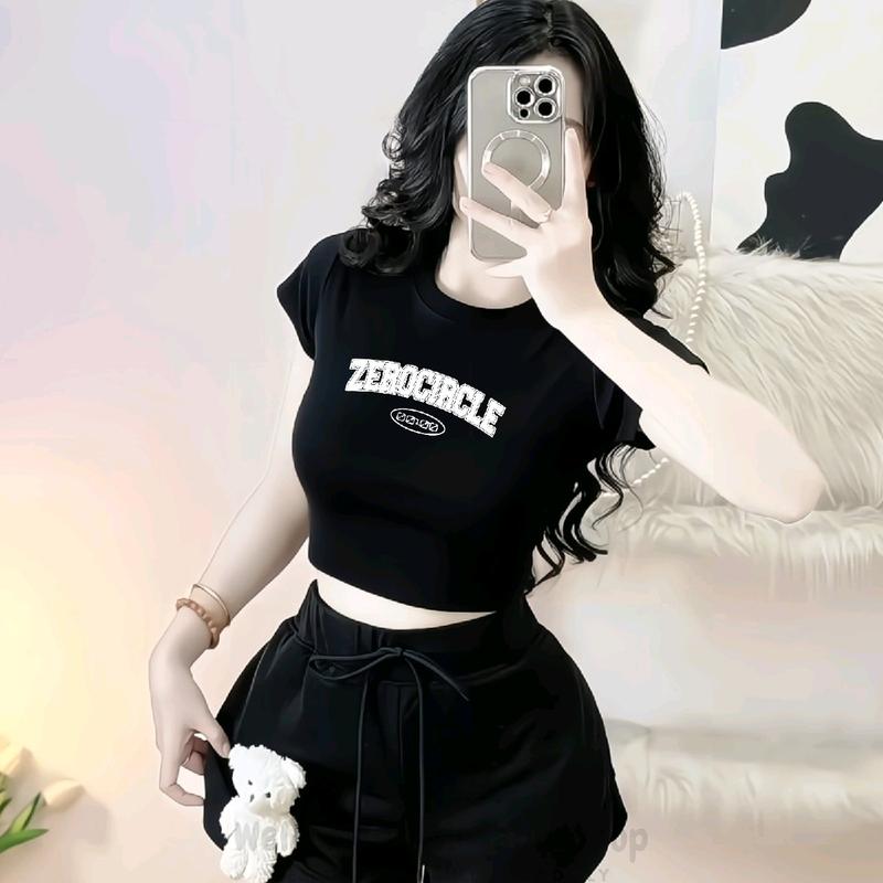 Áo Thun Croptop Borip Ôm Body Nữ Form Basic In Chữ Zero Circle, Women Voi Cổ Tròn Voan Trắng Dáng Ngắn 1