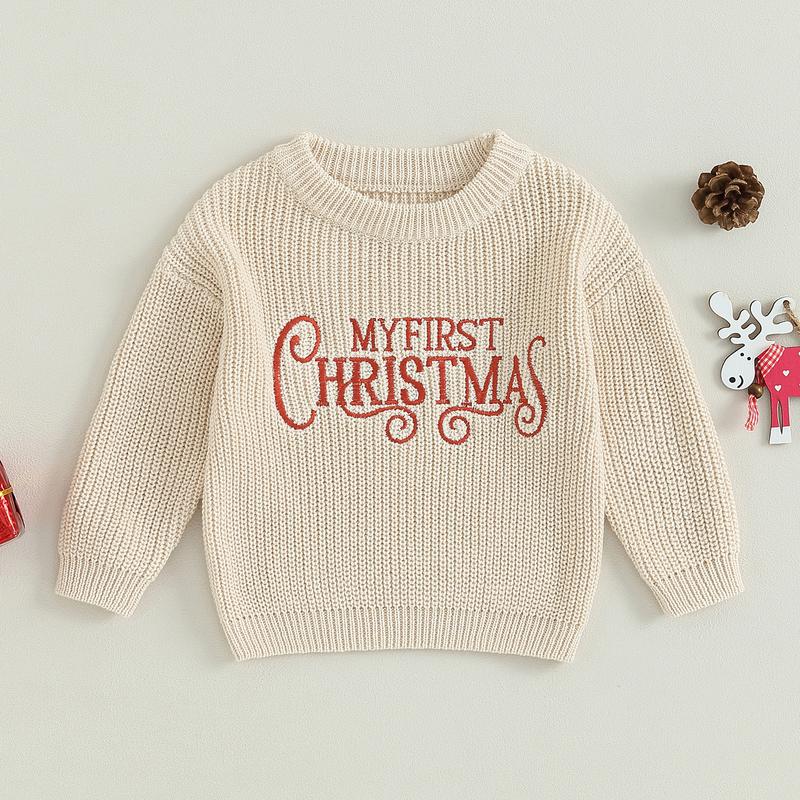 Baby Girls Christmas Knit Sweater Beige Long Sleeve Letter Print Pullover Knitwear 2