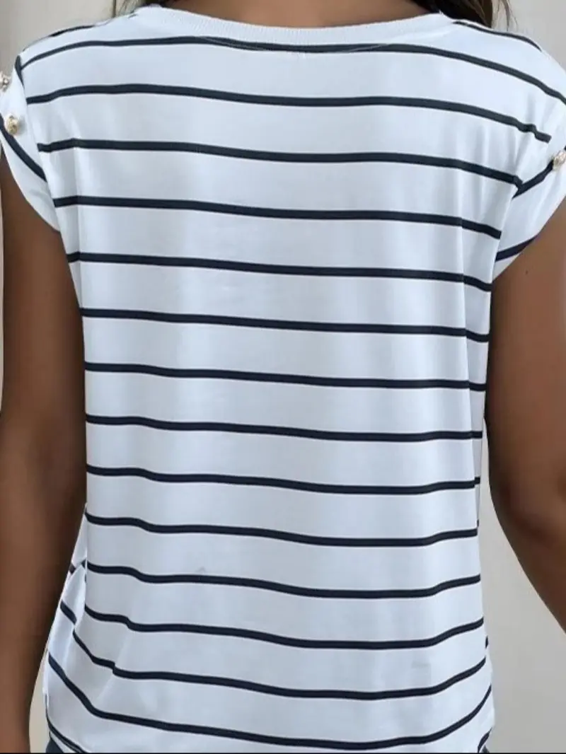 Product Introduction of Women's Striped Print Tank Top, Casual Button Decor Round Neck Top for Summer, Ladies Clothes for Daily Wear 2