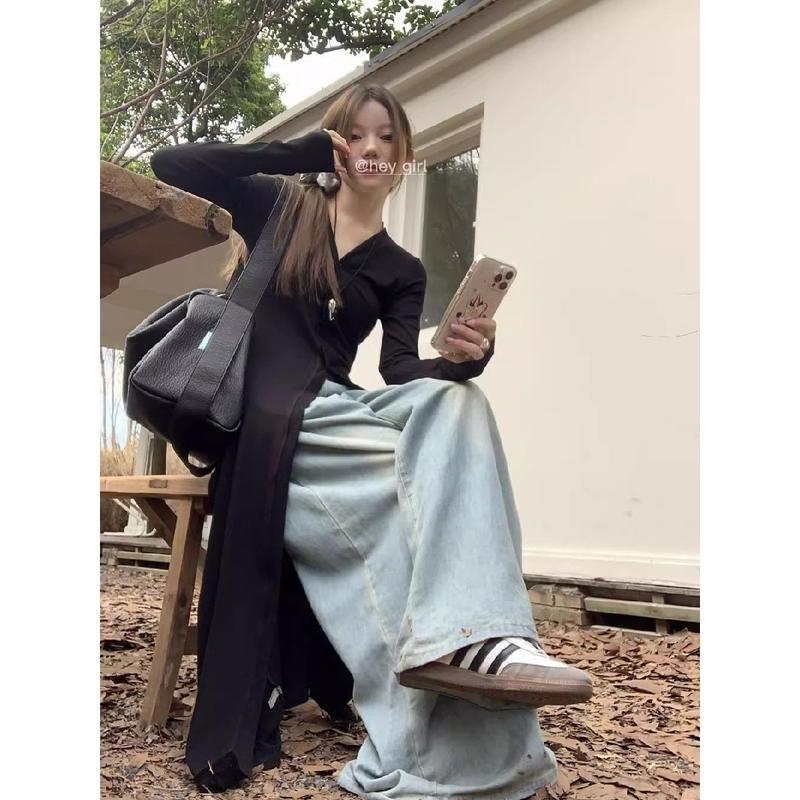 Product Introduction of Idle style V-neck long-sleeved cardigan single-breasted T-shirt skirt women's new fashionable elegant slim slimming mid-length top Casual Womenswear Dress Lingerie 2