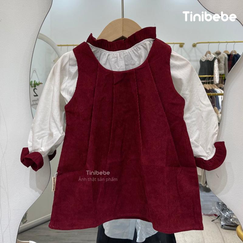 Set Váy Bé Gái 2 Chi Tiết Màu Đỏ Nhung Tăm Thu Đông Tinibebe 1