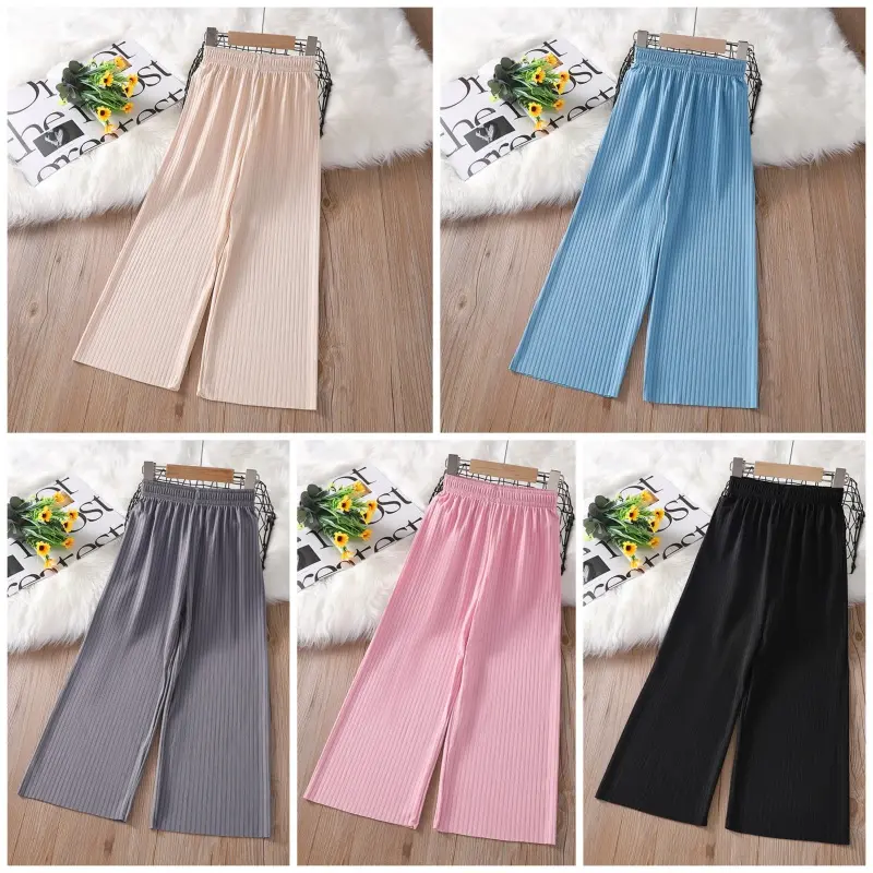 【LF】Kids Wide-leg Trousers 100-150cm Ice Silk Girls Pinstripe Solid Color Casual Long Pants for Spring Summer