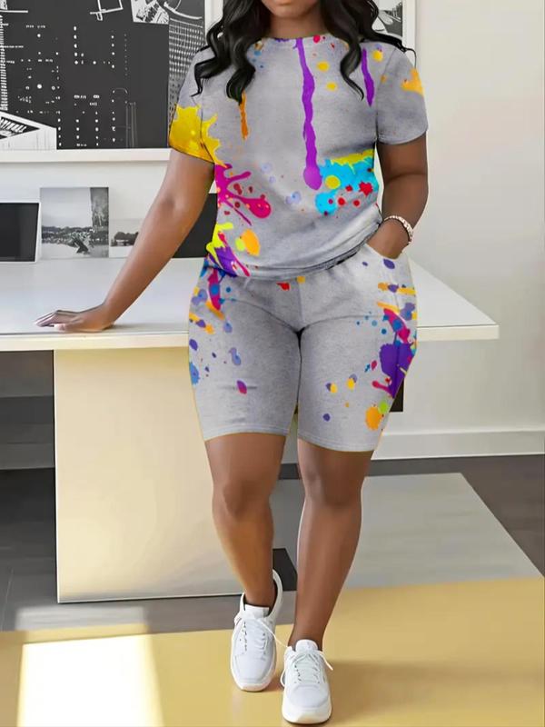 Plus Size Two-Piece Set Colorful Graffiti Print Tee & Elastic Waist Shorts Two-Piece Set, Casual Round Neck Short Sleeve T-shirt & High Waist Shorts, Women's Outfits for All Seasons 0