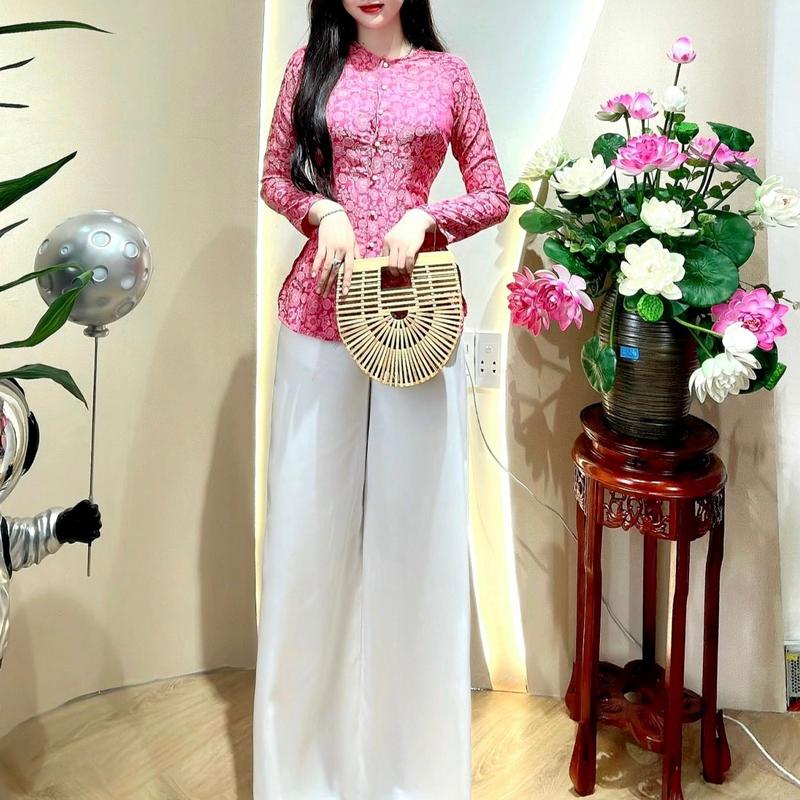 Bộ Quần Áo Bà Ba Tay Dài Áo Gấm Khuy Gài Nút Ngọc Quần Lụa Ống Rộng