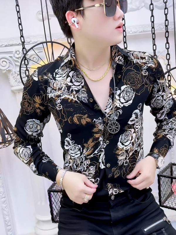 Áo sơ mi lụa nam họa tiết hoa hồng vàng trắng  nam tính Menswear Shirt Tre 4