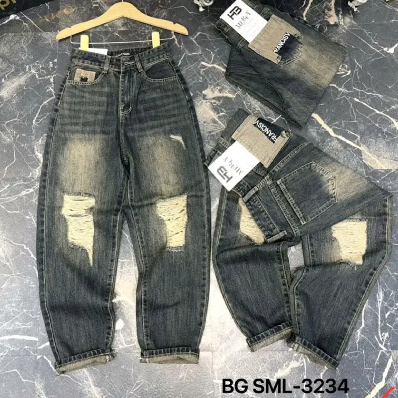 Quần bagy jean lưng cao dáng thụng rách kiểu, túi có thêu chữ ((M , 3234)) chất jeans không giãn vải mềm 3
