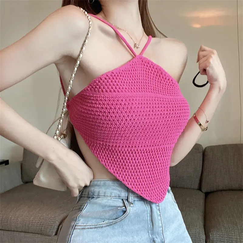 Áo Yếm Cổ Yếm, Trang Phục Mùa Hè, Gợi Cảm, khoét, Dành Cho Nữ, Màu Trơn Không Tay, Hở Lưng, Áo Ba Lỗ Dệt Kim Bất Đối Xứng
