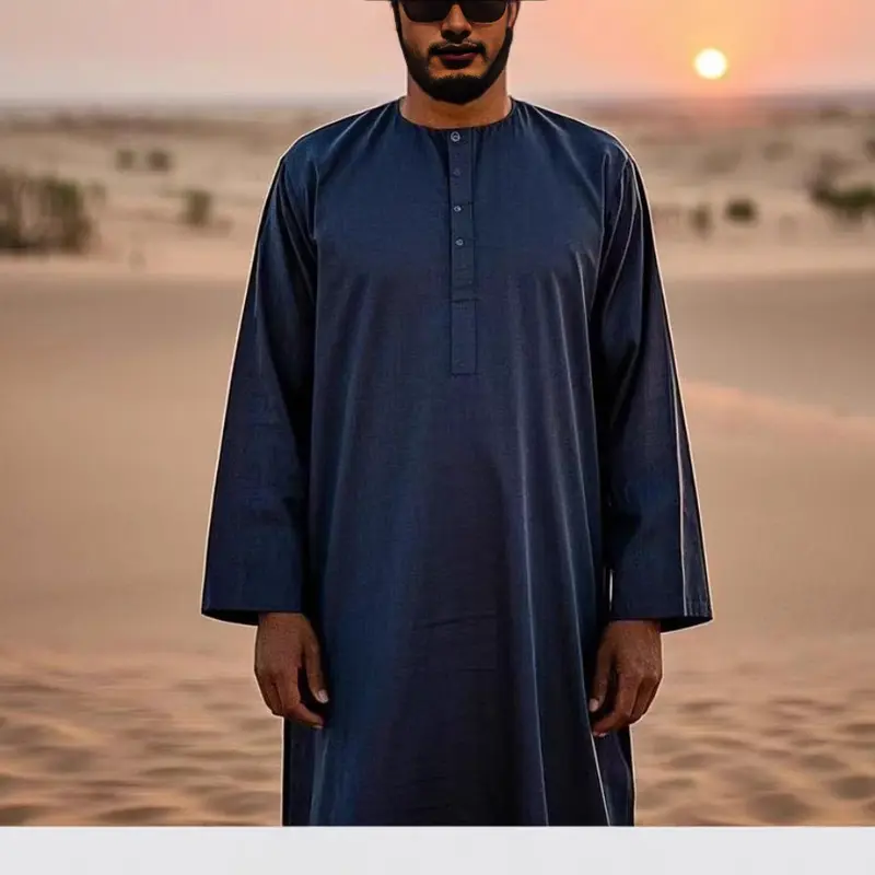2025 New Middle Eastern Men's Robe Casual Comfortable Muslim Robe with Side Pockets 7