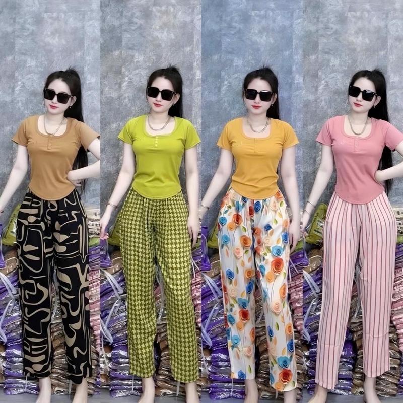 Đồ Bộ Áo Thun Tay Ngắn Quần Baggy. Áo thun tăm lạnh quần mango mặc nhà mềm mát size từ 45-67 kí