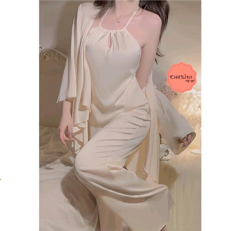 M130 Set 3 Món Lụa,( Choàng, Yếm,  Quần ), Hàng Quảng Châu Bao Mềm Mịn Mát Chuẩn Dáng , Dành Cho Nữ, Đầm Mặc Nhà Xesy Mỏng Manh