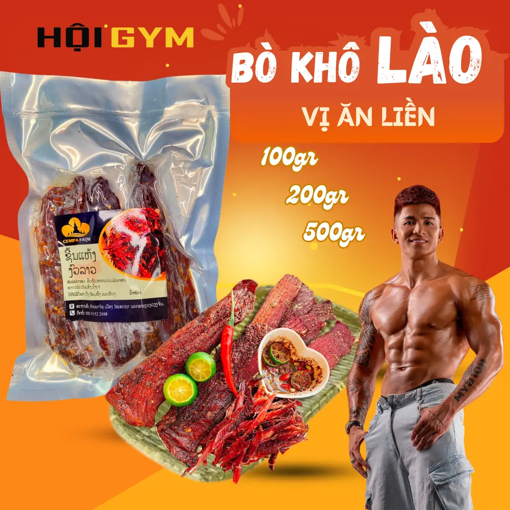 500G [ Hội Gym 88 ] - Thịt Bò Gác Bếp Lào ăn liền Cempa - sản phẩm đặc sản từ thịt bò Lào tươi với hương vị đậm đà và thơm cay +KÈM CHẲM CHÉO     +  đặc trưng
