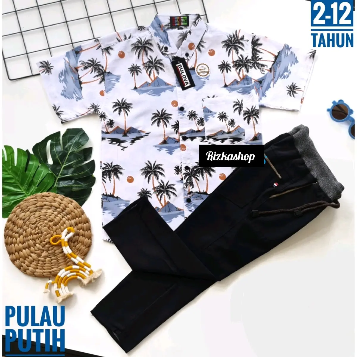 Setelan kemeja Anak Motif Abstrak  laki cowo Keren Surfing panjang 40S