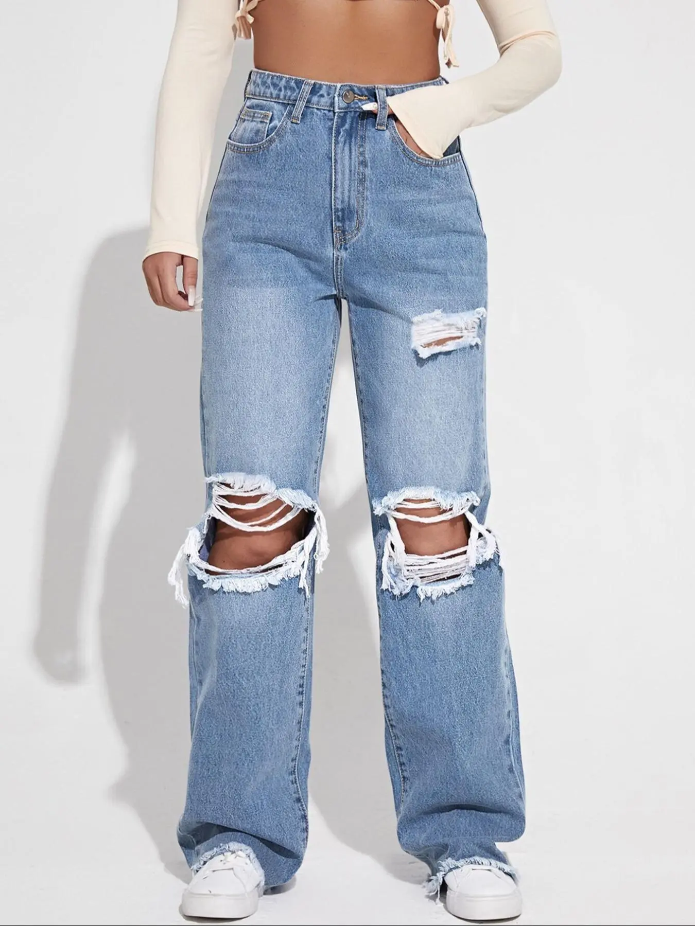 Women's Plain Ripped  Jeans, Casual Comfy Pocket Design High Waist Jeans for Daily Wear, Ladies Bottoms for All Seasons