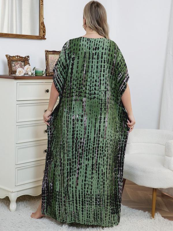 Plus Size Geometric Striped Print Batwing Sleeve Split Hem Tunic Dress, Casual V Neck Half Sleeve Cover Up Dress for Summer, Women's Clothes for Beach Holiday Vacation 1