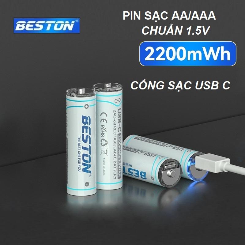 Pin sạc AA AAA chuẩn 1.5V Beston 2200mWh sạc trực tiếp qua cổng USB type-C dùng cho micro, đồ chơi, đồng hồ, máy ảnh