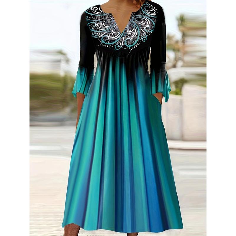 Elegant Gradient Leopard Slit Contrast V Neck Long Dresses Elegant Gradient Leopard Slit Contrast V Neck Long Dresses