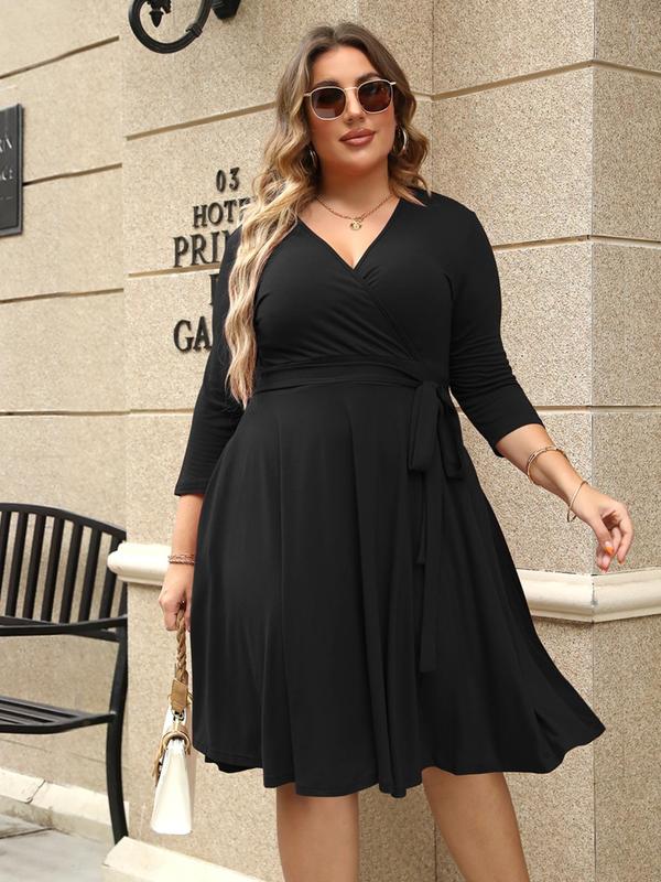 【Plus Size】Trendy Plain Wrap V Neck Belted A Line Plus Size Dress, Women's 3/4 Length Sleeve Solid Dress, Summer Dresses, Womenswear 2