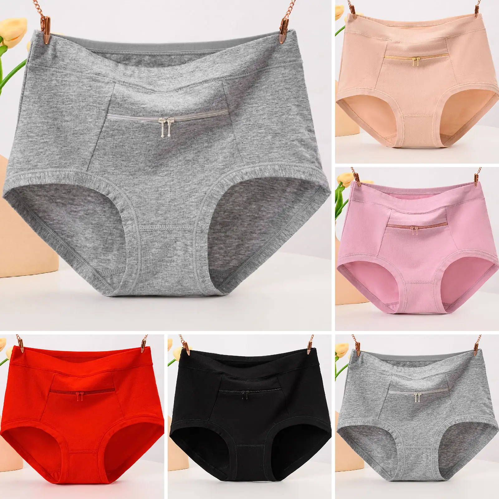 Đồ Lót Nữ, Chống Trộm, Túi Khóa Kéo, Cạp Cao, Liền Mạch, Co Giãn, Thoáng Khí, Làm Bằng Bông, Thích Hợp Cho Mẹ Trung Niên Và Bà, Quần Lót Ngắn, Quần Lót, [Dukewzx]
