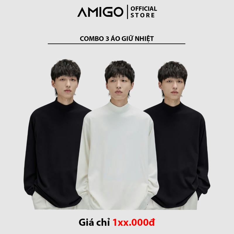 Combo Độc Quyền 3 Áo Giữ Nhiệt Nam Nữ Dài Tay Cao Cấp AMIGO Thun Cổ Cao Lót Nỉ Bông Co Giãn Giữ Ấm Màu Sắc Trẻ Trung Màu đen