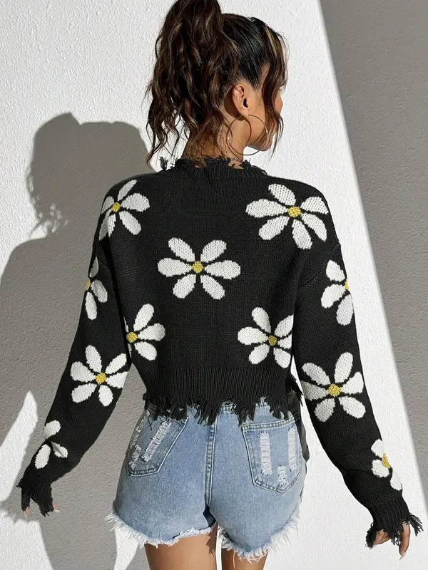 Women's Floral Print Drop Shoulder Distressed Hem Sweater, Casual Long Sleeve V Neck Jumper for Daily Outdoor Wear, Ladies Knitwear for All Seasons 1