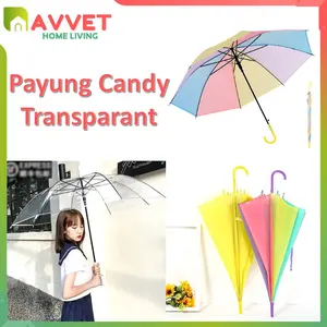 AVVET -Payung Transparan Style Korea Jepang Polos Warna Warni Payung Lipat Bening Cantik Payung Rainbow Umbrella Fashionable Candy Color Import Murah