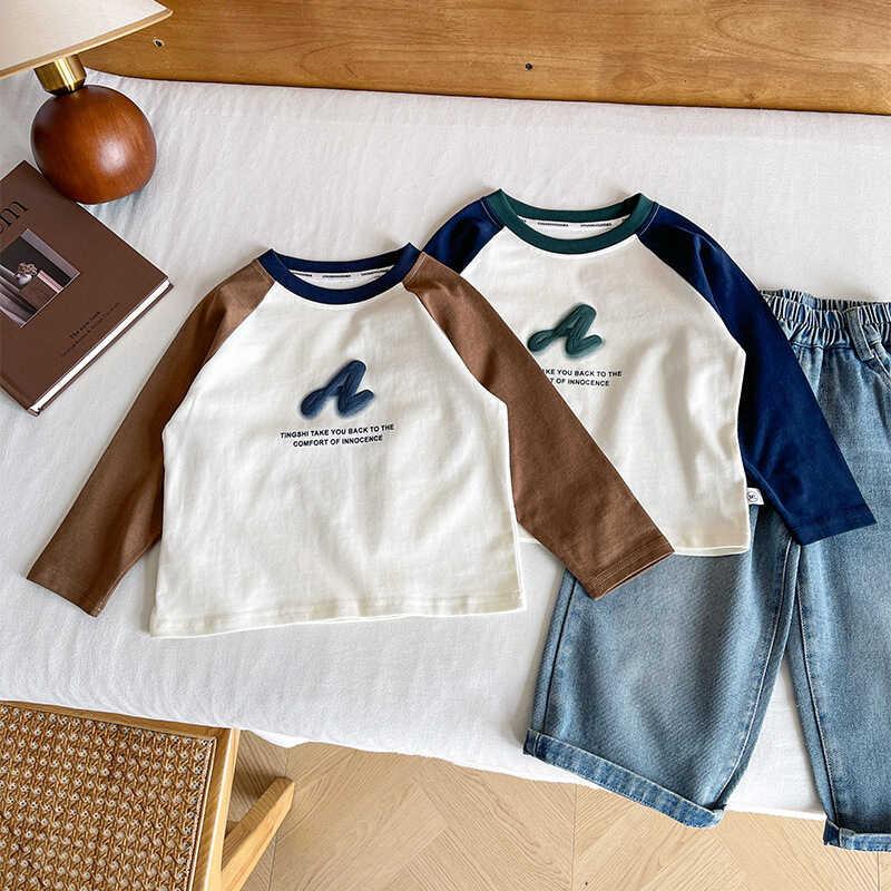 Wind Valley 2024 new children's clothing Korean version contrasting color raglan sleeve T shirt boys versatile base for spring and autumn 1
