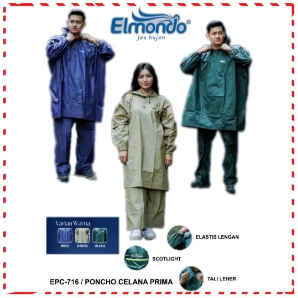 ELMONDO JAS HUJAN PONCO LENGAN CELANA PRIMA 716 Sepeda Motor Tahan air PVC Cream Hijau