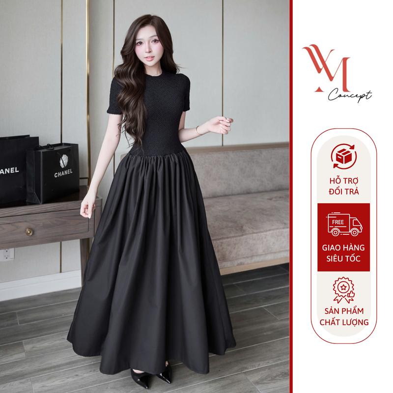 YM Concept Đầm Cổ Tròn Phối Ren Tay Ngắn Dáng Xoè - 2 Màu Trắng/Đen- Đủ Size S/M/L - Váy Body tondang Dáng Dài Chân Xoè - D1107