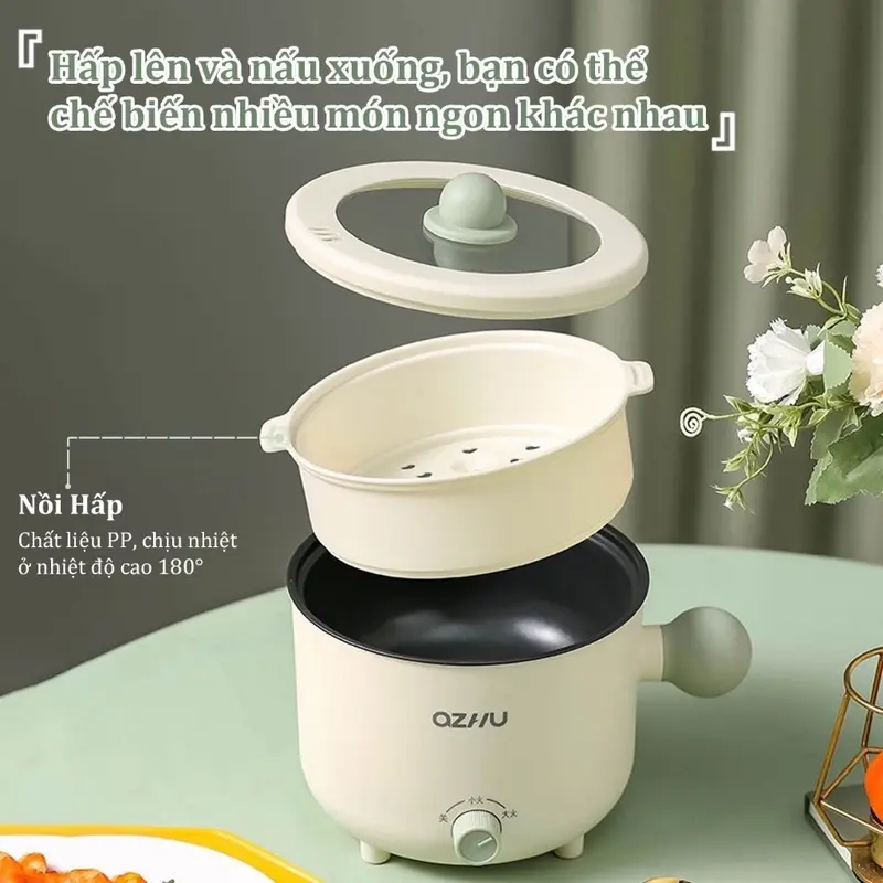 NỒI LẨU MINI ĐIỆN ĐA NĂNG KÈM HẤP, RÁN,CHIÊN kèm xửng hấp 2