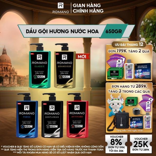 Dầu gội Dưỡng Tóc cho nam Romano hương nước hoa Classic/ Force/ Attitude/ Gentleman/Grandiose 650g/chai - 5 mùi hương có sẵn