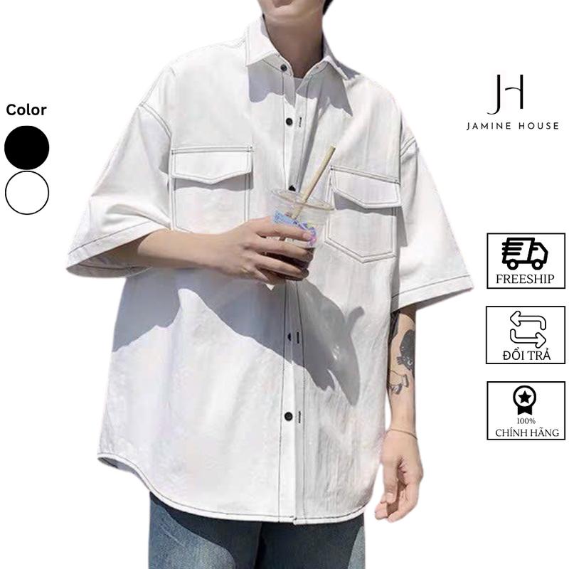 CÓ BIGSIZE ĐẾN 105KG Áo sơ mi tay ngắn Nam Nữ JAMINE HOUSE CHỈ VIỀN NỔI 2 TÚI phong cách unisex thời trang hot trend unisex Menswear Shirt Trắng Có Cổ - Tết - Xmas