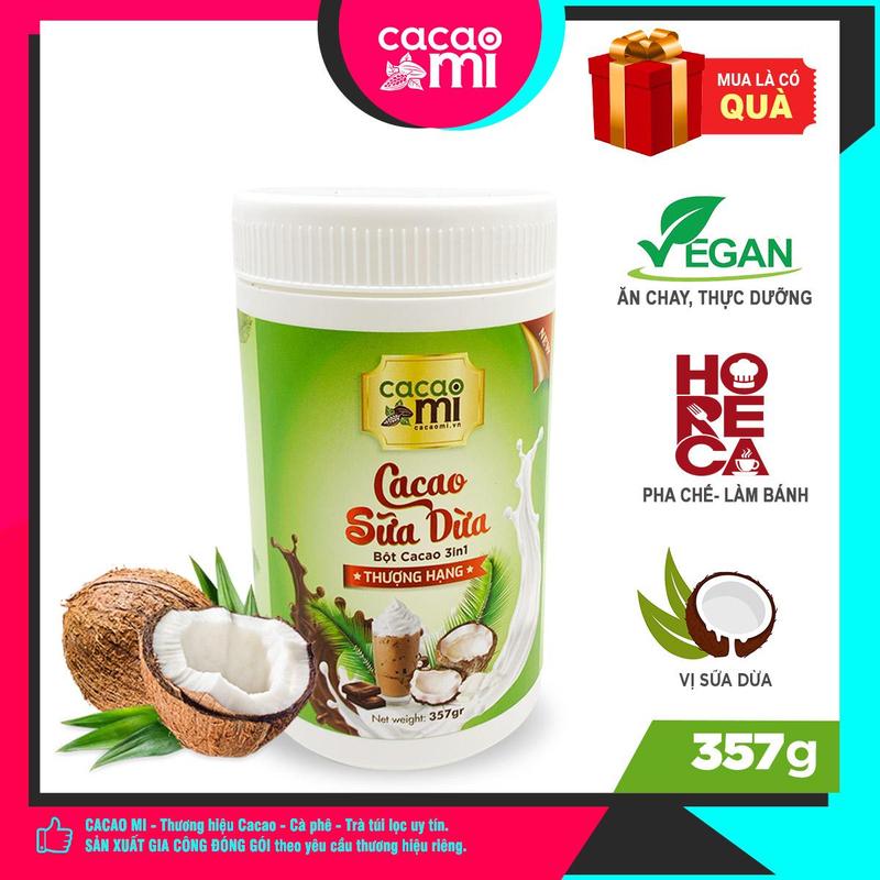 Bột ca cao Sữa Dừa CacaoMi chuyên pha chế trà sữa,Cafe, cacao dầm, thức uống sô cô la nóng thơm ngon tiện lợi hũ 357g