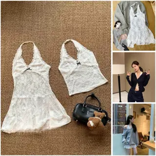 [Bigsize 55-100kg] Áo yếm/ váy yếm ren trắng mix nơ gơi cảm phong cách hàn quốc Nữ Women
