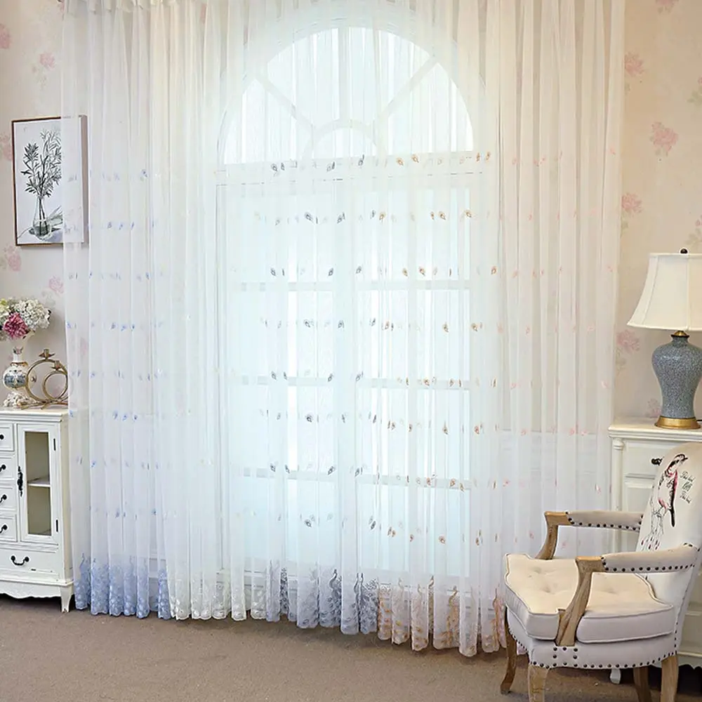 Embroidered Sheer Curtain, 2 Counts/set Elegant Wave Edge Design Curtain, Light Filtering Curtain for Bedroom and Living Room Decor