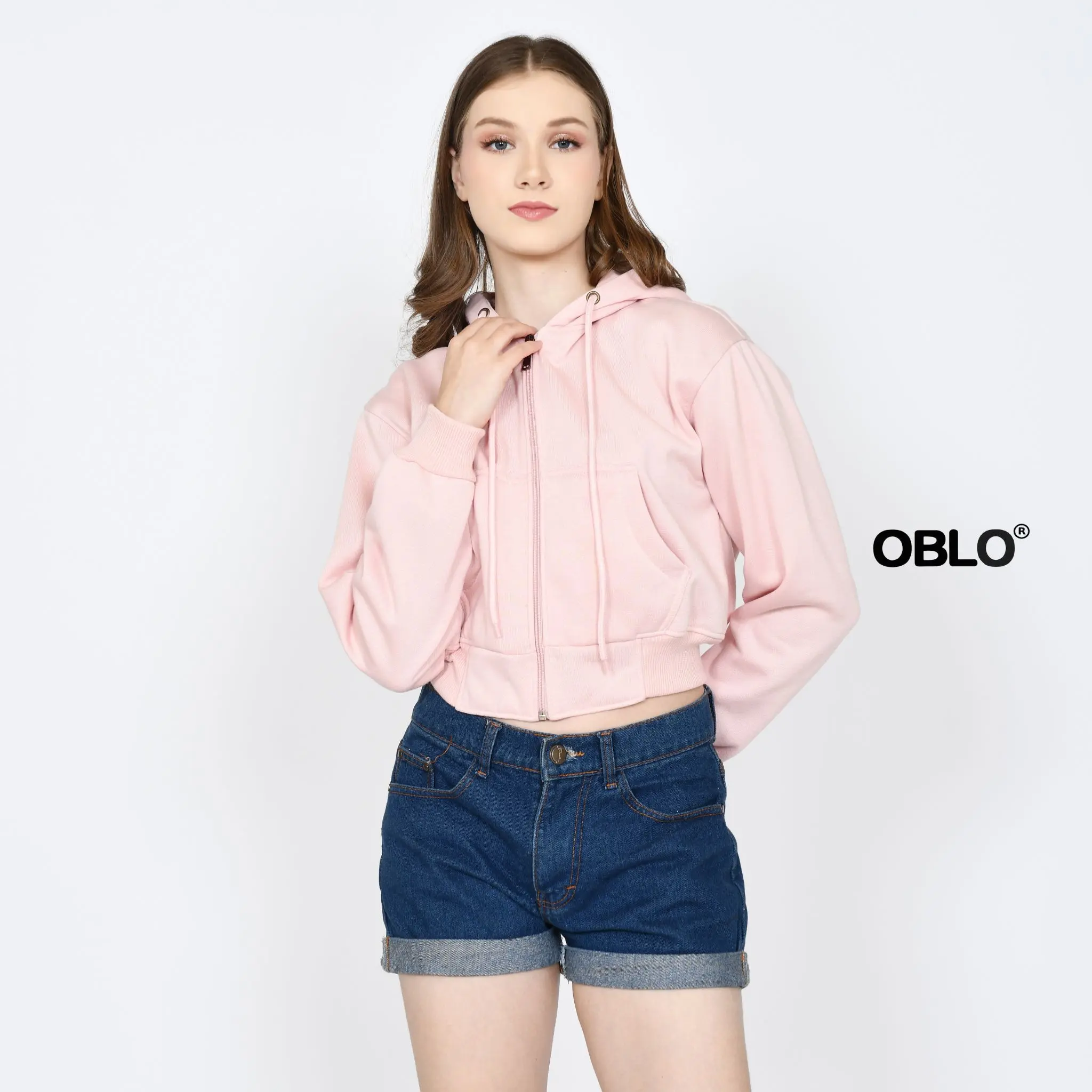 OBLO Hoodie Crop Wanita Fllece All Size Fit Fleece Tebal Zipper