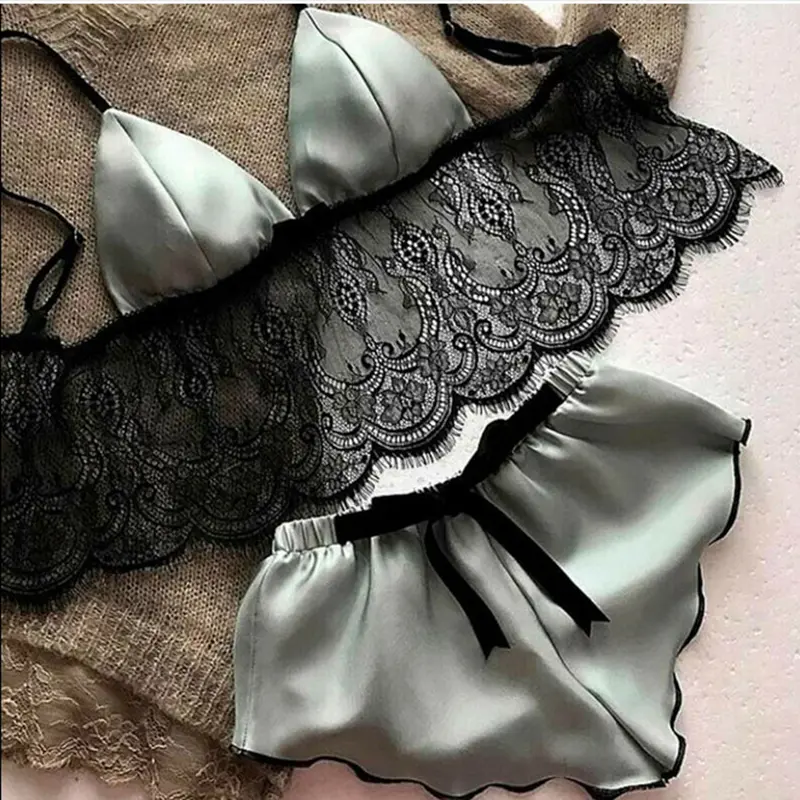 Đồ Ngủ Satin Cho Nữ, Quần Áo Ngủ, Bộ Đồ Ngủ Ren Cổ Chữ V, Không Tay Nhung Voi Thun Màu Xanh