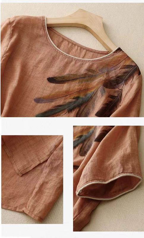 Product Introduction of Cotton and linen top retro art floral print summer New loose round neck breathable versatile thin short sleeve t-shirt 12