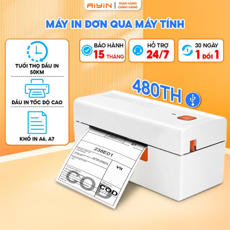 [Tặng Giấy In Nhiệt] Máy In Nhiệt AIYIN 480TH Kết Nối Bluetooth, USB  In Đơn Qua Máy Tính, In Khổ A6 A7 In Tem, Mã Vạch, Mã Vận Chuyển, In Logo Thiết Kế, Bảo Hành 15 Tháng, Hỗ Trợ Tư Vấn Lắp Đặt 24/7
