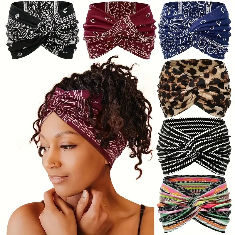 Boho Women Floral Print Outdoor Headband Sports Elastic Wide Criss Cross Knot Running Adjustable Headbands Yoga Sweat Absorption Head Band Bandeau Sport Hair Band Hair Accessories