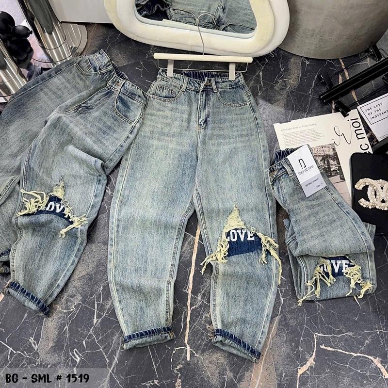 [2160] [Có BIGSIZE ]Quần Baggy Lưng Chun Thêu chữ rách gối Jean Pants Denim Nữ 2
